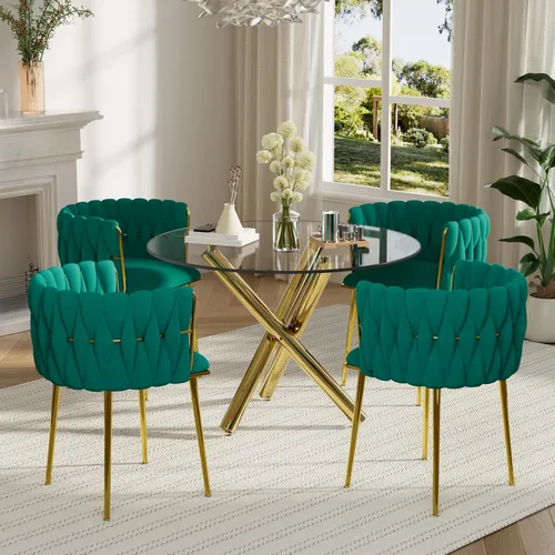 Miniatura 35 de Juego de mesa redonda dorada para 4, juego de mesa de comedor de 39'' con tapa de vidrio transparente, juego de mesa de cocina circular moderna de 5