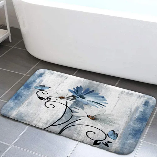 Tapete de baño rústico de granja, diseño de margaritas azules y flores, mariposa, tapete de baño de madera para baño, tapete de baño suave y