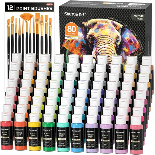 Pintura acrílica de 80 colores Shuttle Art, juego de pintura acrílica con 12 pinceles de pintura, botellas de 2 oz/60 ml, pinturas premium Regular