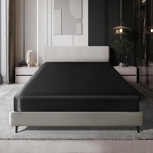 MILVOWOC Sábana bajera ajustable de satén tamaño King - Sábana de cama de fondo suave negro, 1 pieza