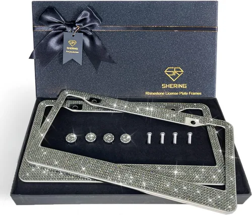 Miniatura 6 de Shering Marco de matrícula brillante, paquete de 2 marcos de matrícula con caja de regalo de primera calidad para mujeres, marcos de matrícula