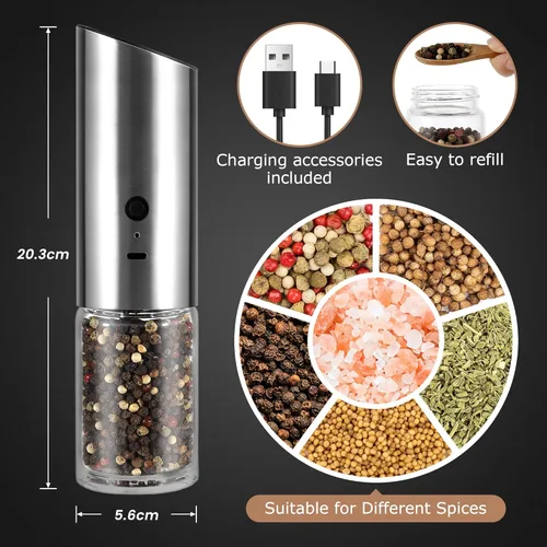 Miniatura 6 de VEVOK CHEF Juego de molinillo eléctrico de sal y pimienta, recargable con luz LED, tipo C, gravedad automática, acero inoxidable, molino