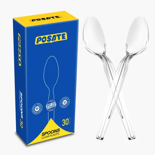 POSATE Cucharas de plástico resistentes, material desechable de grado alimenticio, transparente, paquete de 30