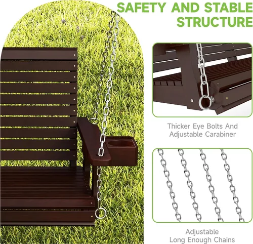 Miniatura 5 de Real Relax - Columpio de madera para el porche delantero, silla colgante de patio al aire libre de 2 plazas con portavasos, banco de asiento