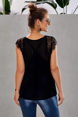 Miniatura 2 de Blusa de encaje con cuello en V para mujer, blusa casual sin mangas