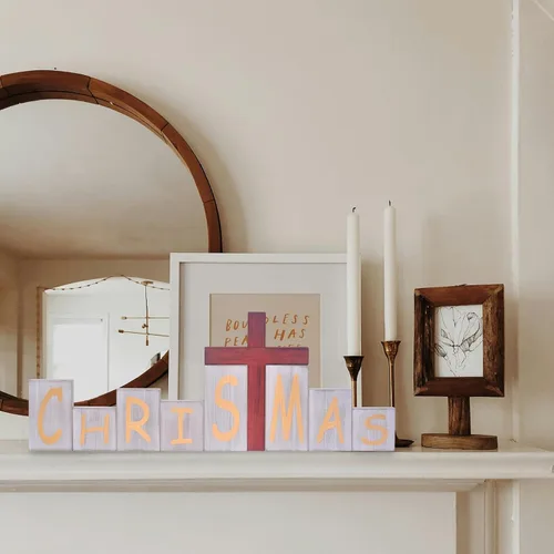 Miniatura 5 de Ovootok Letreros de Bloques de Madera de Navidad, Letrero de Mesa de Madera de Granja de Doble Cara, Decoraciones de Pascua de Escritorio Bandeja