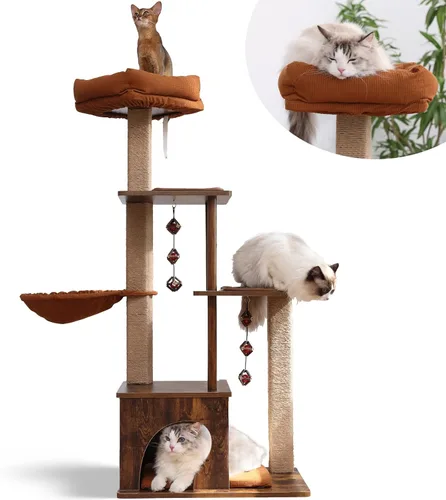 FUKUMARU Árbol para gatos, torre grande y moderna 4 en 1 para gatos con poste rascador de yute y hamaca, condominio de madera para gatos con bolas