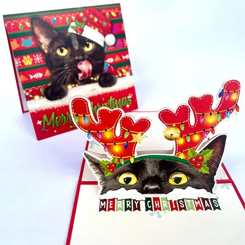 Miniatura 8 de Tarjeta de cumpleaños de gato negro, tarjeta desplegable 3D con sobre, tarjeta de felicitación de feliz cumpleaños para amantes de los gatos