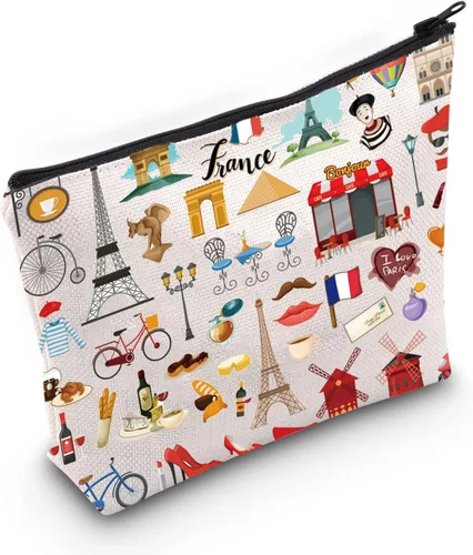 LEVLO Bolsa de viaje de Francia Cultura - París Landmarks - Regalo de recuerdo francés, Francia, Bolsa de cosméticos