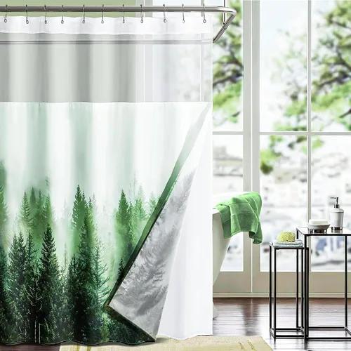 Miniatura 8 de ORTIGIA Misty Forest - Cortina de ducha con forro para baño, juego de cortina de ducha natural de doble capa verde con ventana superior