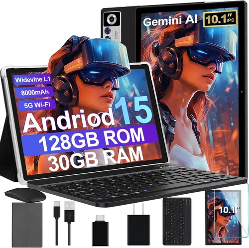 Tablet Android 15 2025 con teclado | Gemini AI, Tablets de electrónica de 30GB+128GB de ocho núcleos con pantalla IPS HD de 10 pulgadas, 8000mAh,
