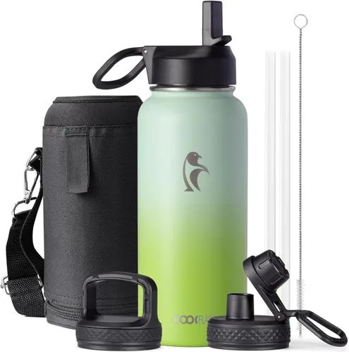 Miniatura 78 de Coolflask Botella de agua de 20 onzas aislada con pajilla, 3 tapas de metal de acero inoxidable, botella de agua de boca ancha para deportes u