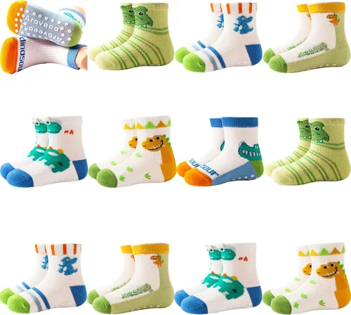 Miniatura 15 de Calcetines antideslizantes con agarre para tobillos, paquete de 12 unidades para niños pequeños, niños y niñas, lindos calcetines de algodón