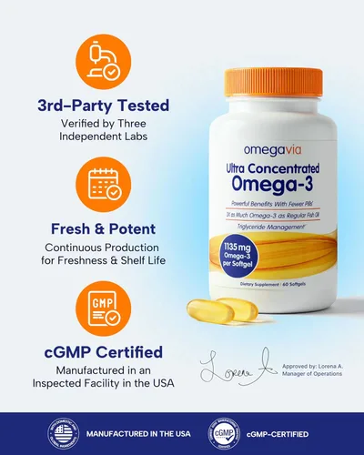Miniatura 3 de Aceite de Pescado Omegavia pharma-grade, inodoro/sin eructos. 0.03 onzas Omega-3, Alta Omega-3 por píldora., 60