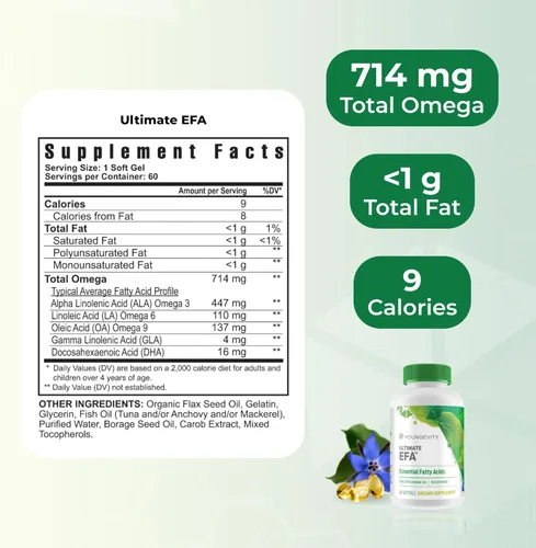 Miniatura 3 de Youngevity Ultimate EFA - Suplemento Omega 3, 6 y 9 Mezcla de aceites de borraja, lino y pescado Apoya la salud cardíaca, cerebral y general