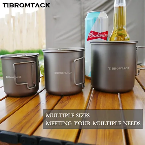 Miniatura 4 de Juego de 3 tazas de camping de titanio, 11.8 fl oz, 16.9 fl oz, 23.7 fl oz, ollas de café, utensilios de cocina con mango plegable para mochileros