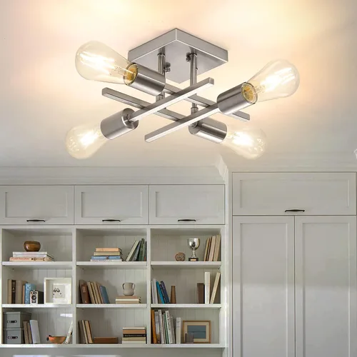 Miniatura 9 de Lámpara de techo industrial de 4 luces, semiempotrada, moderna lámpara de araña de níquel cepillado, lámpara de techo Sputnik con base de bombilla