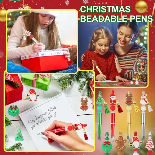 Miniatura 7 de CZWZ 8 piezas de bolígrafos de cuentas navideños, bolígrafos de plástico con cuentas y cuentas de silicona multicolor, bolígrafos navideños