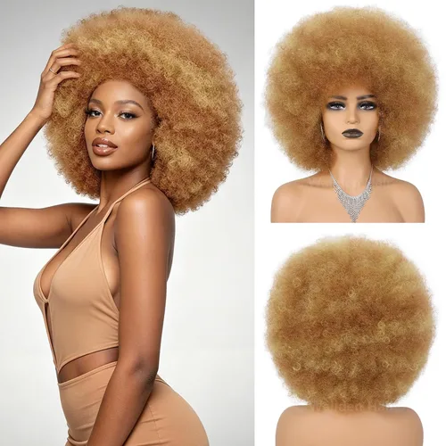 Miniatura 13 de Pelucas afro de los años 70 para mujeres negras, sin pegamento, peluca rizada afro soplada, resistente al calor, pelucas sintéticas para uso diario