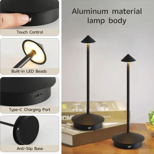 Miniatura 6 de Paquete de 2 lámparas de mesa inalámbricas de aluminio, lámparas de mesa recargables de 6000 mAh, lámpara LED táctil portátil, lámparas de mesa Negro