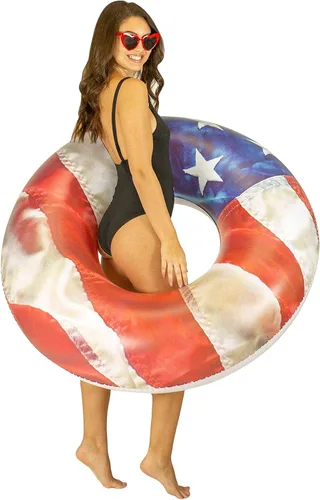 Miniatura 5 de Stars and Stripes American Flag Inflatable Outdoor Pool Rafts, Coolers, & Swim Rig Collection. Celebrate The USA. Fideos inflables de natación