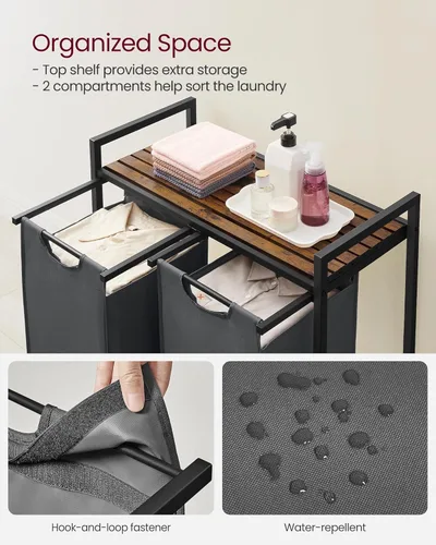 Miniatura 4 de VASAGLE cesto para la ropa, cesta de lavandería, clasificador de ropa con 2 bolsas extraíbles y tiradores, estante, estructura metálica, 2 x 12.1