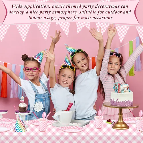 Miniatura 6 de Preboun 198 piezas de suministros de fiesta a cuadros para 24 invitados, mantel a cuadros, banderín, placa, servilleta y cubiertos para picnic, Rosa