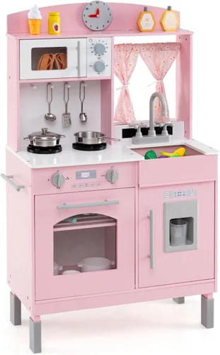 Costzon Juego de Cocina para Niños, Juguetón de Madera de Pequeño Chef con 3 Alturas Ajustables, Barra de Toallas, Cortinas, Microondas, Estufas,