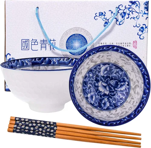 Juego de cuencos de arroz y palillos chinos azules y blancos de cerámica para sushi para refrigerio de sopa (2 piezas)