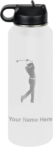 Miniatura 56 de LaserGram Botella de agua personalizada, golfista de golf, acero inoxidable de doble pared aislada al vacío con popote superior, regalo grabado Negro