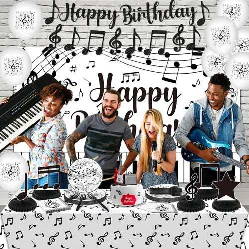 Miniatura 6 de Decoraciones de fiesta musical, nota musical negra, pancarta de feliz cumpleaños, globos, notas, platos, servilletas, mantel, mesa de nido de abeja