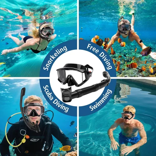 Miniatura 8 de Equipo de esnórquel para adultos, juego de máscara de esnórquel panorámica de 180° antivaho con tubo de esnórquel superior seco, equipo de buceo