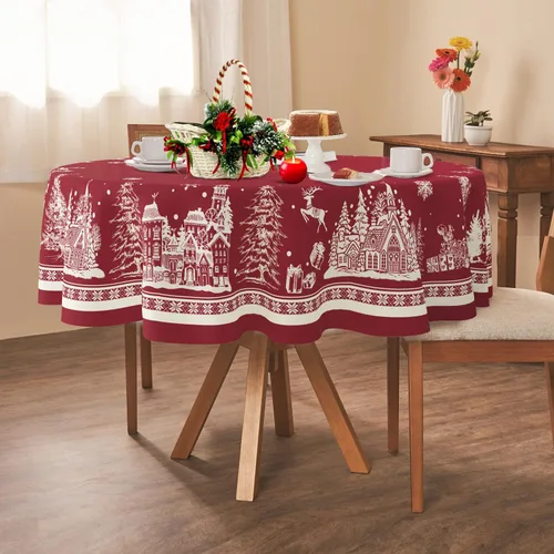 Miniatura 9 de Yighty Mantel Redondo de Navidad de 60 x 60 pulgadas, Mantel de Mesa de Decoración Navideña de Árbol y Alce, Poliéster Impermeable y Resistente a