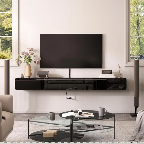 Miniatura 9 de FurniNova Soporte de TV flotante de alto brillo con 3 puertas, mueble de TV de 47'' montado en pared, consola bajo TV, estante de medios flotante