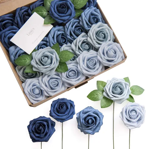 Miniatura 14 de Ling's moment Flores artificiales, 25 piezas de rosas de 3 pulgadas en tonos verde esmeralda, relleno floral de espuma realista para bricolaje
