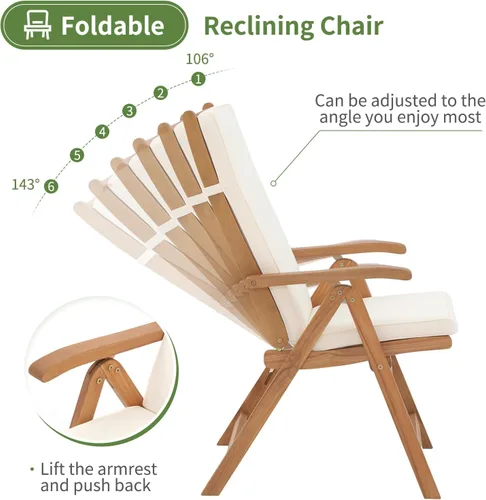 Miniatura 3 de OC Orange-Casual Juego de 4 sillas plegables de comedor para patio, sillas reclinables de madera de acacia al aire libre con reposabrazos y cojín