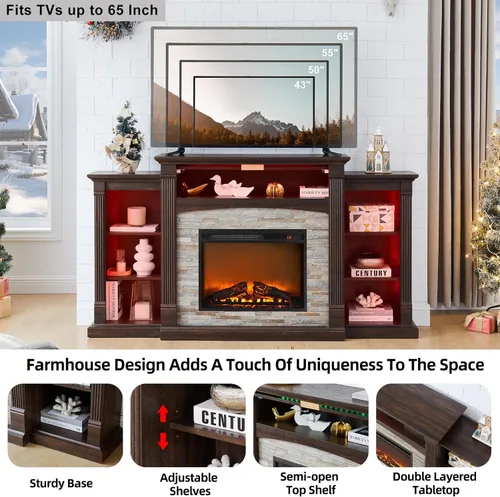 Miniatura 8 de SAVOR LIFE Soporte de TV con Chimenea para TV de 80'', Chimenea Eléctrica de 70" con Repisa, Centro de Entretenimiento Estilo Granja de 39" de Alto