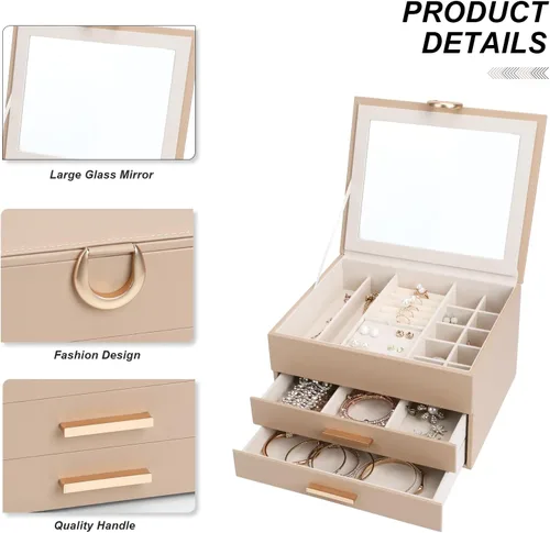 Miniatura 4 de Elegant Gift Jewelry Box with Mirror - 3-Layer Organizer for Earrings, Rings, Necklaces, Ready to Give for Birthday Anniversary Christmas Apricot