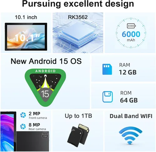 Miniatura 6 de Tableta Android 15 de 10 pulgadas con teclado 64 GB ROM+12 GB RAM (expansión 4+8) Soporta expansión de 1 TB 2MP+8MP cámara dual 6000mAh 5G WiFi-6