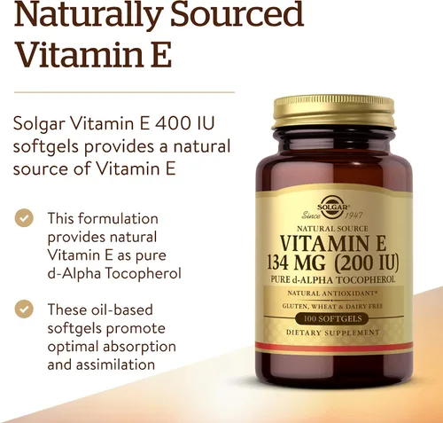Miniatura 3 de Solgar Vitamina E 200 UI Alfa, 100 cápsulas blandas – Antioxidante, Envejecimiento saludable, Piel sana, Apoyo del sistema inmunológico – Fuente