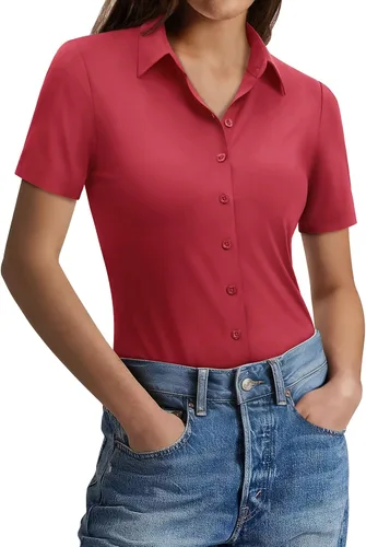 Miniatura 9 de Gleeivy Camisas con botones para mujer, ajustadas, de manga corta, elásticas, para el trabajo, sin arrugas, blusas de oficina
