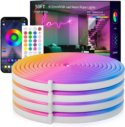 SILFU - Tiras de luces LED de neón, tira de luces LED RGB de 15 m, impermeable IP67, diseño DIY, sincronización de música, control remoto de 44