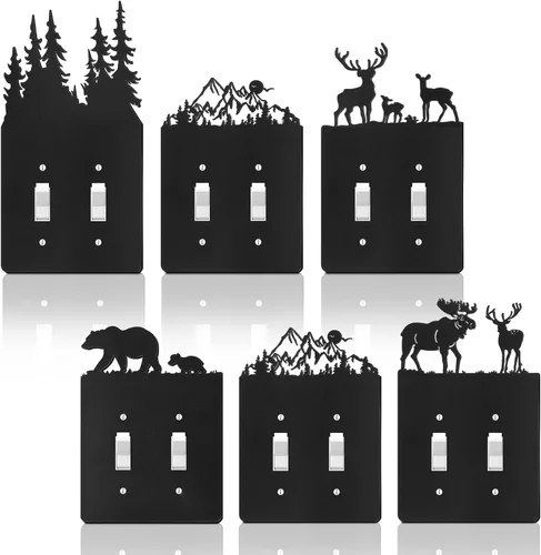Miniatura 10 de Lothee 6 piezas de placa de metal para interruptor de luz de oso, alce, árbol, montaña, alce, bosque, placa de salida de palanca, cubierta de pared