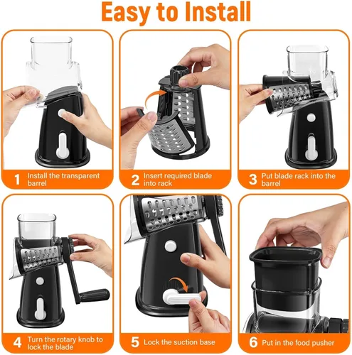 Miniatura 7 de Rallador giratorio de queso con manivela manual con 5 cuchillas intercambiables, picadora de verduras, rebanadora espiralizadora para frutas, Negro