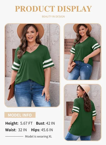 Miniatura 91 de Eytino Blusas de talla grande para mujer, cuello en V, manga corta, a rayas, casual, holgada, con bolsillo (1X-5X)