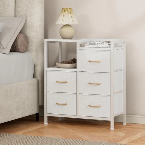 Miniatura 8 de Furnulem Cómoda blanca de 5 cajones para dormitorio, estante de 2 niveles, cómoda de tela pequeña para armario, marco de metal resistente, gabinetes
