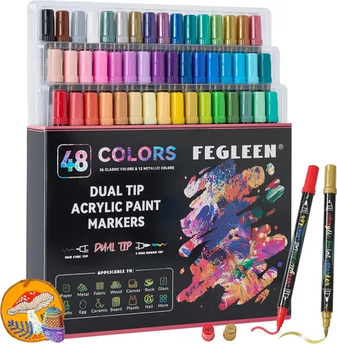 Marcadores de pintura acrílica de 48 colores, marcadores acrílicos de doble punta con punta fina y punta de pincel que contienen 12 colores
