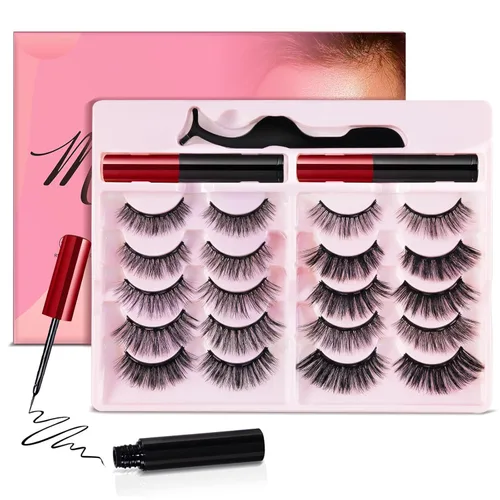 [10 pares] Kit de pestañas magnéticas y delineador de ojos, pestañas magnéticas reutilizables con delineador de ojos y pinzas, pestañas postizas de