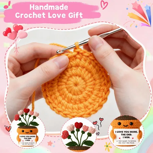 Miniatura 3 de MAMAGIFTREE Planta en maceta de ganchillo a mano con tarjeta I Love You More – Divertido ramo de corazón romántico, regalo eterno hecho a mano