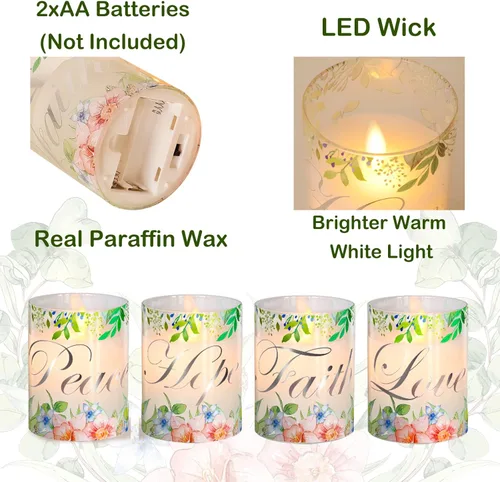 Miniatura 6 de Velas sin llama de Navidad de cristal con llama parpadeante, velas de cera real florales LED con control remoto - Juego de 4 para decoración